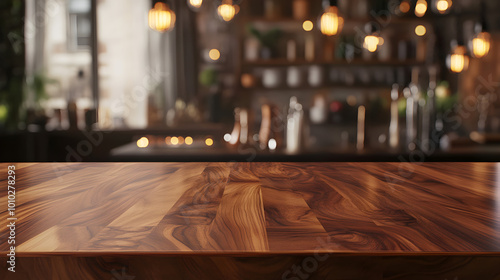 Polished walnut wood table, counter in front of blurred warm kitchen bokeh lights for high-end product display mockup