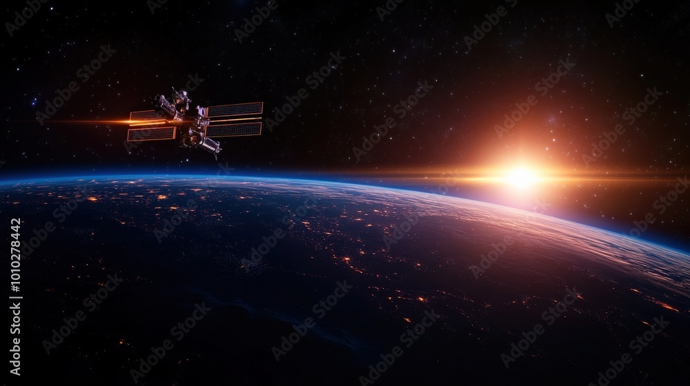 Naklejka premium Satellite orbiting Earth with sunrise in the background, captivating space view.