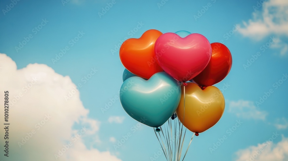 A heart-shaped balloon bouquet floating against a blue sky A heart-shaped balloon bouquet floating against a blue sky