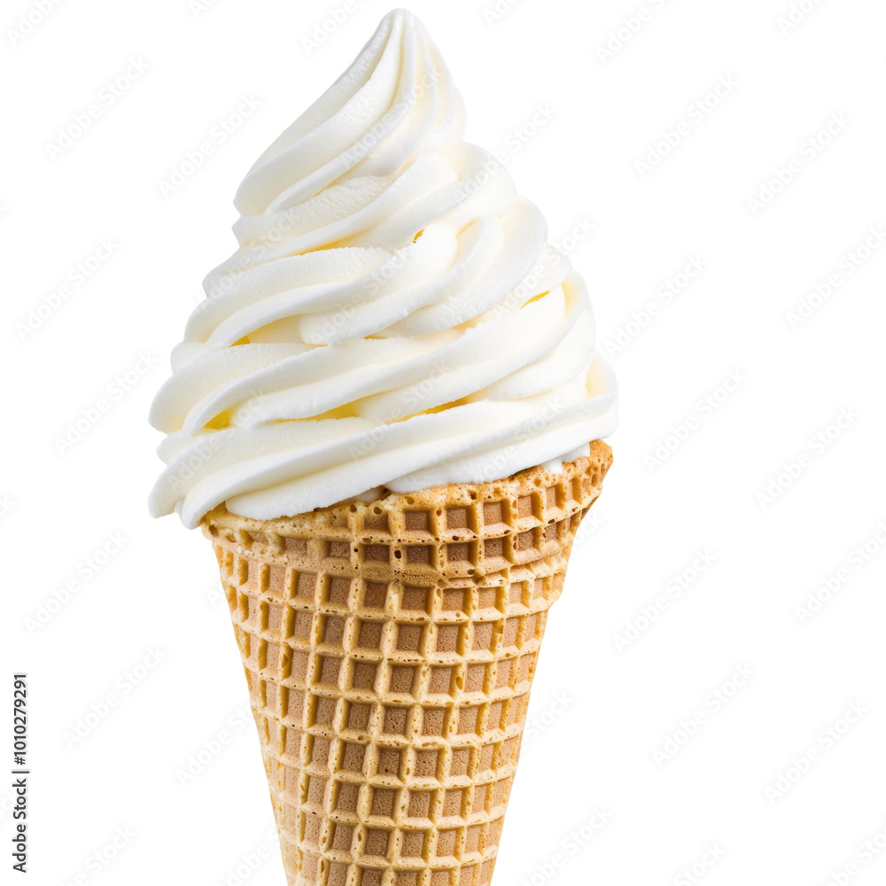 Delight in creamy texture of this vanilla ice cream cone, featuring smooth swirl atop crispy waffle cone, perfect for refreshing treat on warm day Delight in creamy texture of this vanilla ice cream cone, featuring smooth swirl atop crispy waffle cone, perfect for refreshing treat on warm day