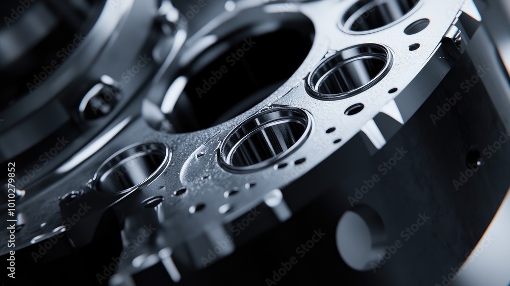 Close-up of a Metallic Engine Part with Circular Holes Close-up of a Metallic Engine Part with Circular Holes