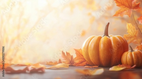 Pumpkins and autumn leaves on a surface low-angle view, copy space for adding text, and seasonal messages. perfect for Thanksgiving invitations, seasonal flyers, harvest festival promotions