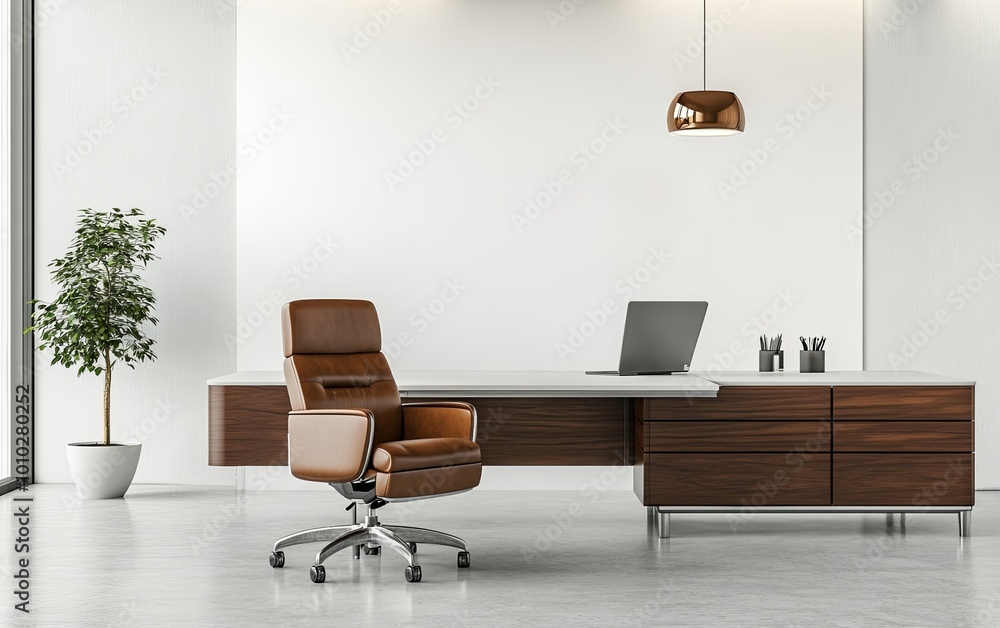 A modern office space featuring a sleek desk, ergonomic chair, laptop, and a decorative plant, emphasizing minimalism. A modern office space featuring a sleek desk, ergonomic chair, laptop, and a decorative plant, emphasizing minimalism.