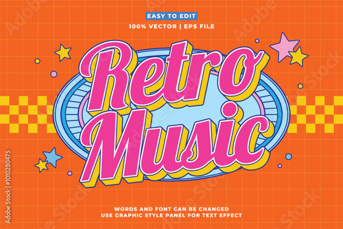 Editable retro music text effect 3d cartoon style. Editable text effect vintage music template vector style