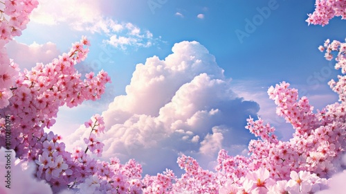A captivating scene of Wild Himalayan Cherry flowers against a backdrop of fluffy clouds in a blue sky