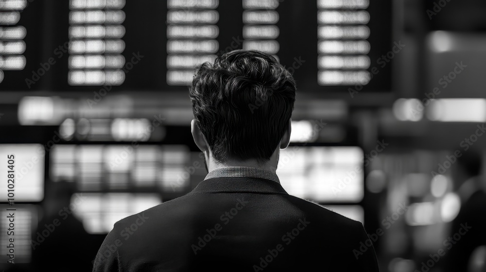 Businessman Facing Airport Departure Board in Black and White Businessman Facing Airport Departure Board in Black and White