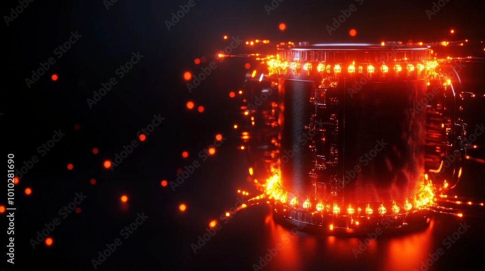 Illuminated energy canister with glowing particles on a dark background. Illuminated energy canister with glowing particles on a dark background.