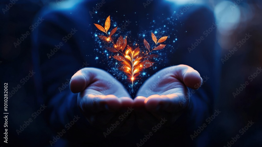 Hands holding glowing leaves, symbolizing growth and potential, on a dark background. Hands holding glowing leaves, symbolizing growth and potential, on a dark background.
