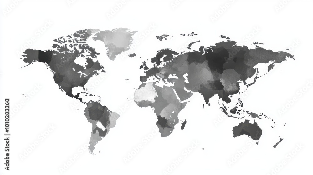Black and white world map illustration showing continents and countries in a minimalist style Black and white world map illustration showing continents and countries in a minimalist style