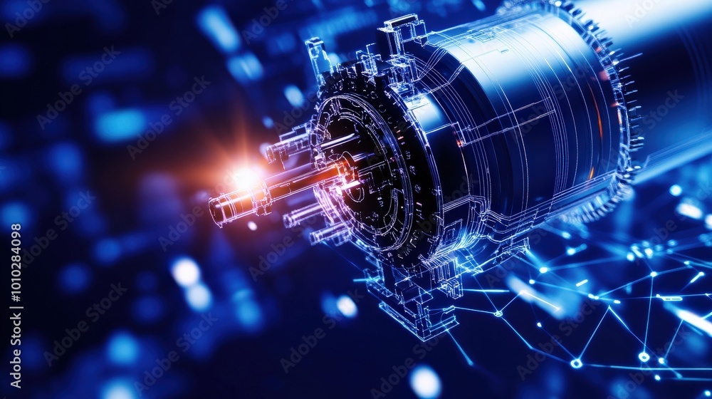 Futuristic electric motor with glowing components on a digital background. Futuristic electric motor with glowing components on a digital background.