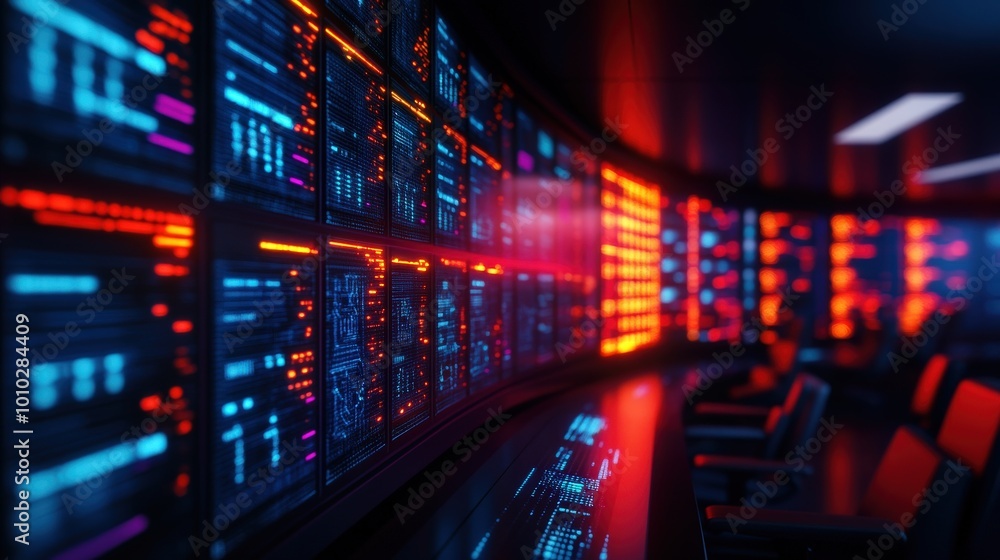 Obraz premium Futuristic control room with glowing screens and dark atmosphere.