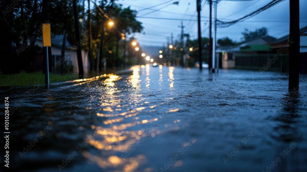 Naklejka premium Flooded street at night with reflections of streetlights on water.