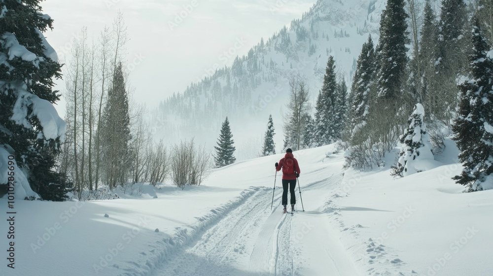 A lone cross-country skier traverses a snowy path through a misty winter forest. A lone cross-country skier traverses a snowy path through a misty winter forest.