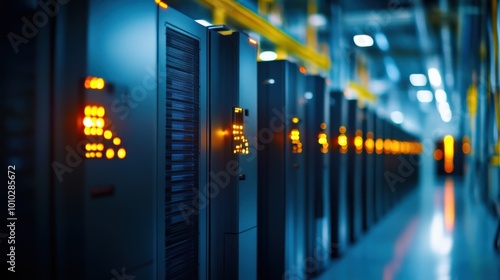 Data center with server racks illuminated in blue and orange lights  modern infrastructure.