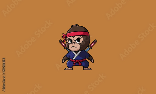 Fierce ninja gorilla with crossed arms and dual swords.