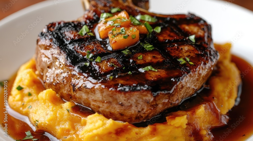 A gourmet dish featuring a juicy grilled pork chop topped with a sweet and tangy apple glaze, served on a bed of mashed sweet potatoes. A gourmet dish featuring a juicy grilled pork chop topped with a sweet and tangy apple glaze, served on a bed of mashed sweet potatoes.