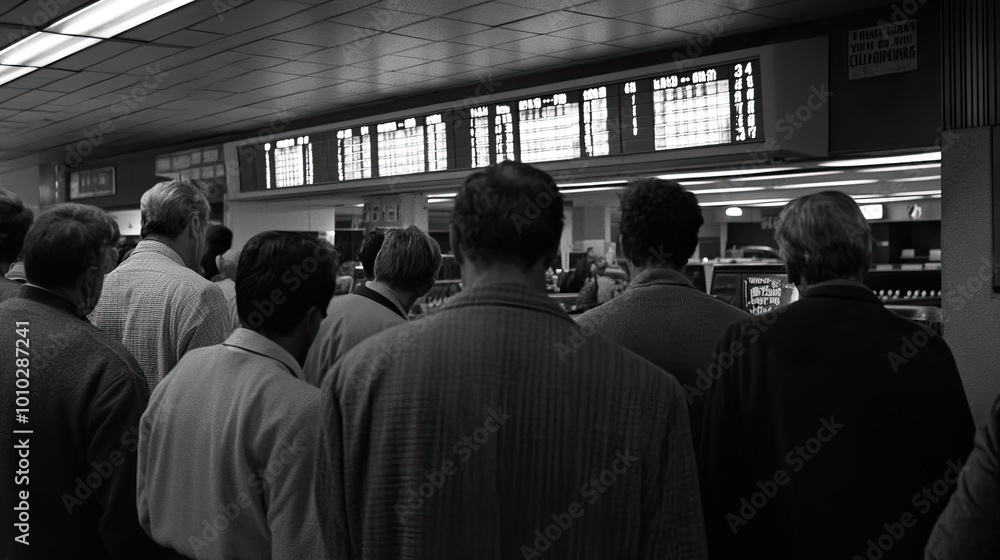 A Group of Men Standing in a Waiting Area with a Large Illuminated Sign Above Them A Group of Men Standing in a Waiting Area with a Large Illuminated Sign Above Them