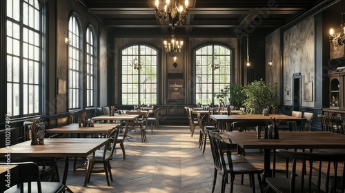 Elegant and Cozy Vintage-Style Cafe Interior with Large Windows