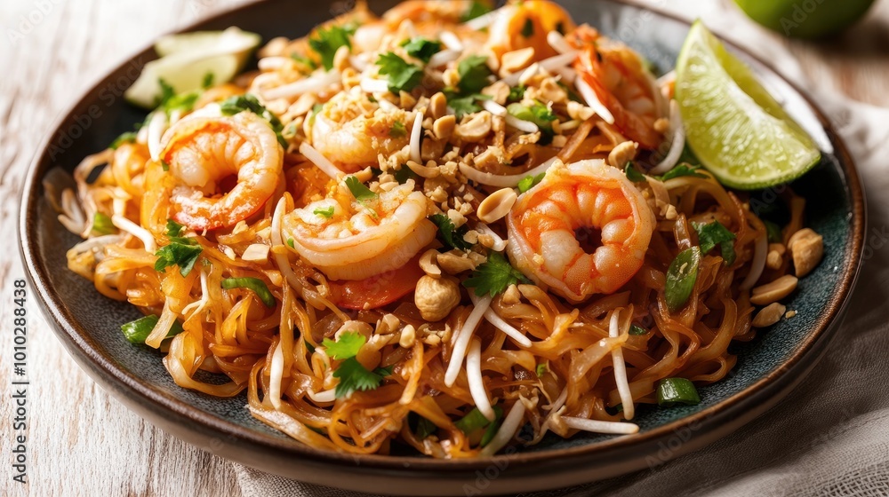 A high-angle shot of a plate of stir-fried rice noodles with shrimp, bean sprouts, and crushed peanuts, served with a wedge of lime. A high-angle shot of a plate of stir-fried rice noodles with shrimp, bean sprouts, and crushed peanuts, served with a wedge of lime.