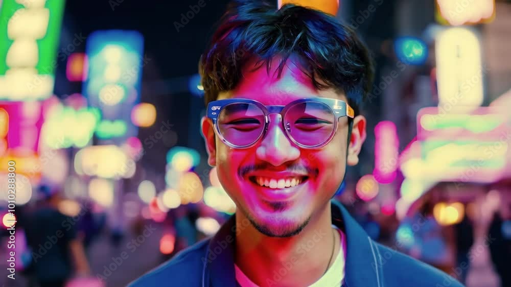 A man with glasses smiling in a cityscape with colorful lights, captured with a bokeh effect. A man with glasses smiling in a cityscape with colorful lights, captured with a bokeh effect.