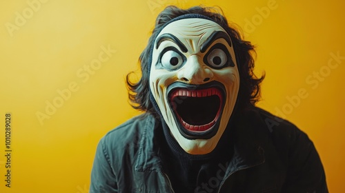 Person wearing a mask with a comically exaggerated face, creating a fun and chaotic atmosphere. photo