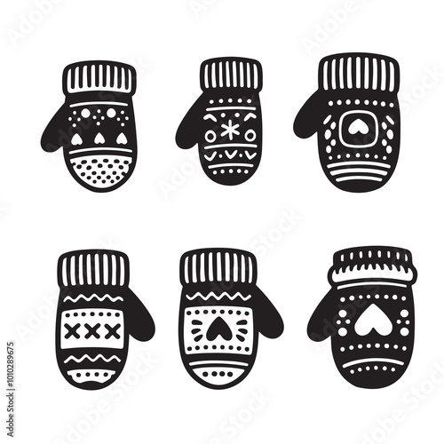 Knitted mittens set featuring hand-drawn illustrations, perfect for Christmas and winter designs. Black and white vector collection illustrations