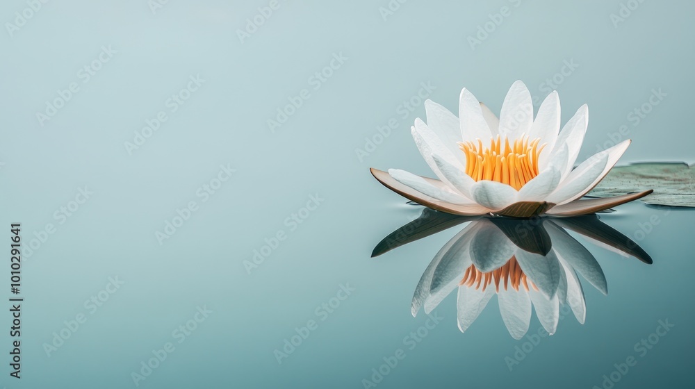 A minimalist shot of a single lotus flower floating on clear water, with its delicate reflection mirrored perfectly on the A minimalist shot of a single lotus flower floating on clear water, with its delicate reflection mirrored perfectly on the