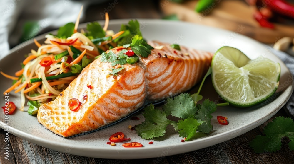 A minimalistic presentation of salmon fillet served with a side of Thai papaya salad, with bright garnishes of lime, chili, and cilantro A minimalistic presentation of salmon fillet served with a side of Thai papaya salad, with bright garnishes of lime, chili, and cilantro