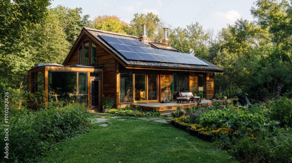 A home built entirely from recycled materials, powered by renewable energy, and surrounded by a lush, edible garden A home built entirely from recycled materials, powered by renewable energy, and surrounded by a lush, edible garden