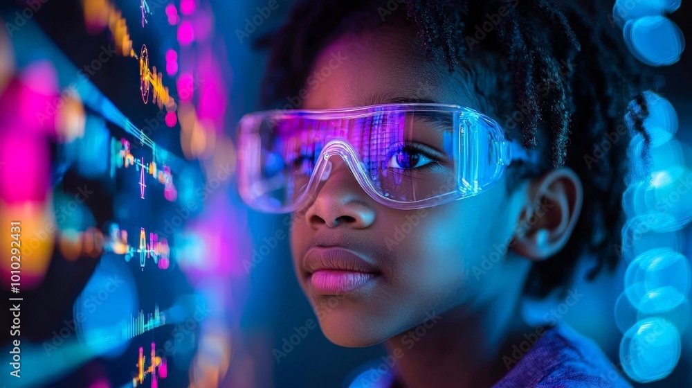 A child in goggles gazes at colorful data visualizations, exploring science and technology. A child in goggles gazes at colorful data visualizations, exploring science and technology.