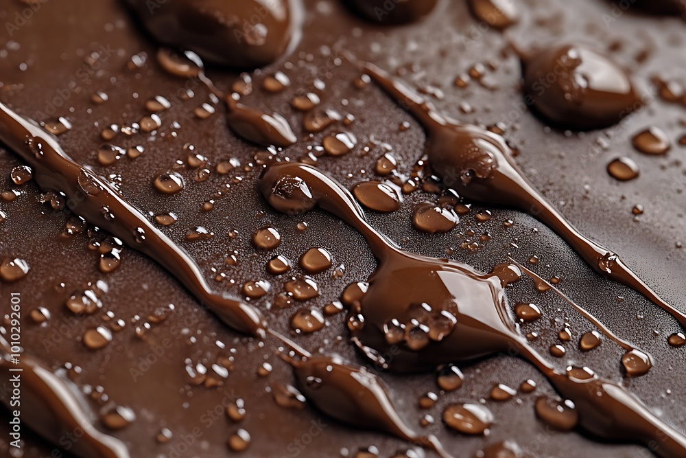 Close up macro shot of melted chocolate with water droplets Close up macro shot of melted chocolate with water droplets