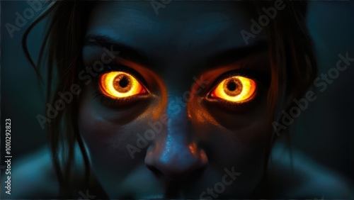 Close-up of a person with glowing orange eyes in a dark, mysterious setting conveying emotions of intensity and intrigue at night. Generative AI