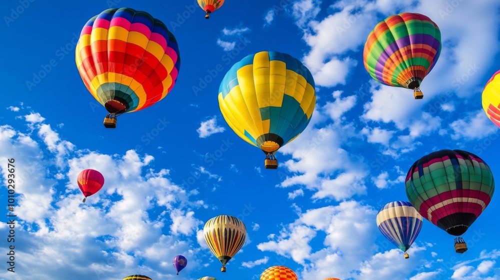 Fototapeta premium Colorful hot air balloons flying in a bright blue sky with white clouds.