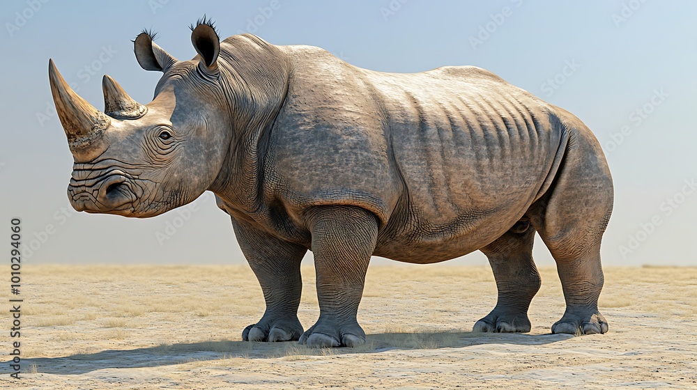 Fototapeta premium A white rhinoceros stands in a savanna.