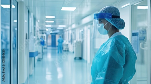 Medical Professional in Protective Gear Standing in Hospital Corridor