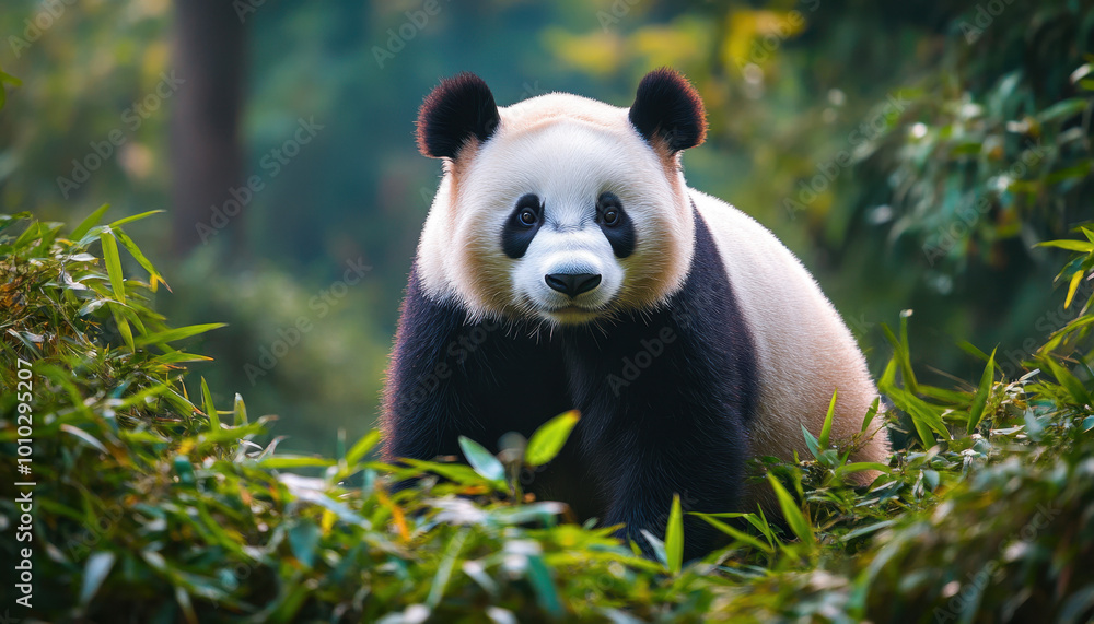 Obraz premium Majestic panda in lush bamboo forest, displaying its striking black and white fur against vibrant green foliage under a soft, natural light setting.