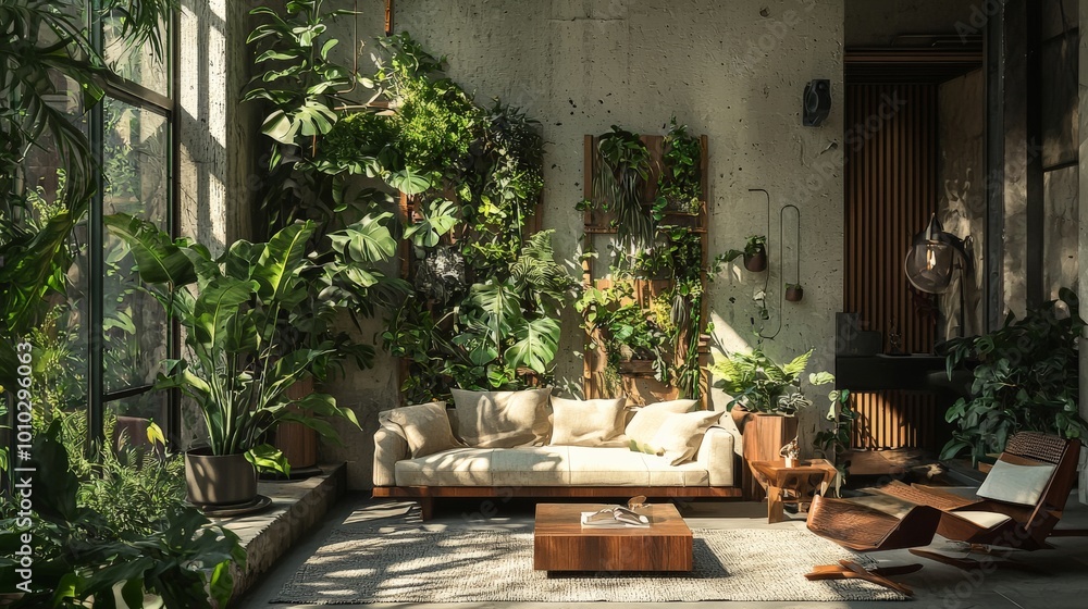 Fototapeta premium A home filled with furniture made entirely from living plants, combining nature and modern design in a seamless blend