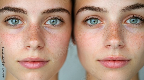 Close-up of a patientâ€™s face before and after plastic surgery, highlighting the changes in facial features.