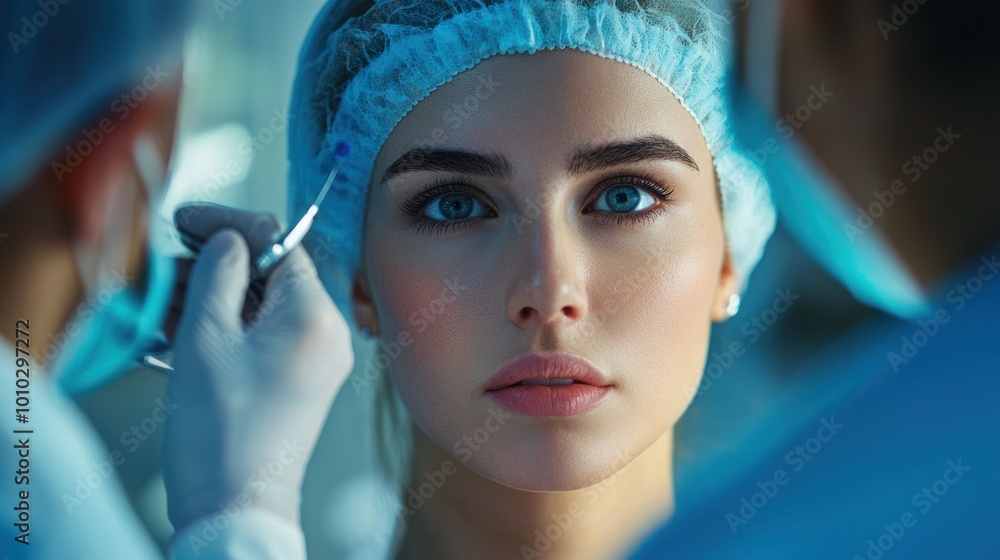 Plastic surgeon examining a patient’s face and discussing potential surgical options and outcomes. Plastic surgeon examining a patient’s face and discussing potential surgical options and outcomes.