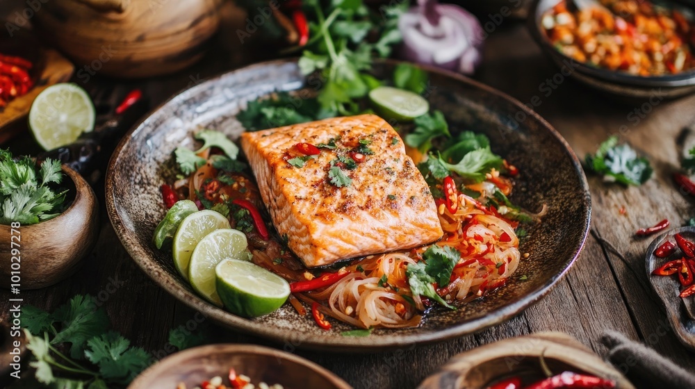 A rustic table setting with grilled salmon and fresh papaya salad, surrounded by traditional Thai garnishes like lime, chili, and cilantro. A rustic table setting with grilled salmon and fresh papaya salad, surrounded by traditional Thai garnishes like lime, chili, and cilantro.