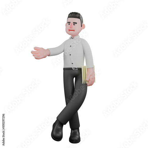 Strategy Service Provider 3D. A male businessman stands with his left hand holding a sheet of paper while his right hand is stretched forward with the palm facing up. Male Business Cartoon