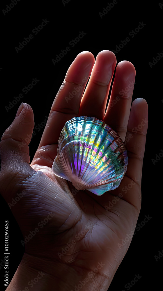 Iridescent shell in hand; glossy finish, vivid colors highlighted by focused overhead lighting.