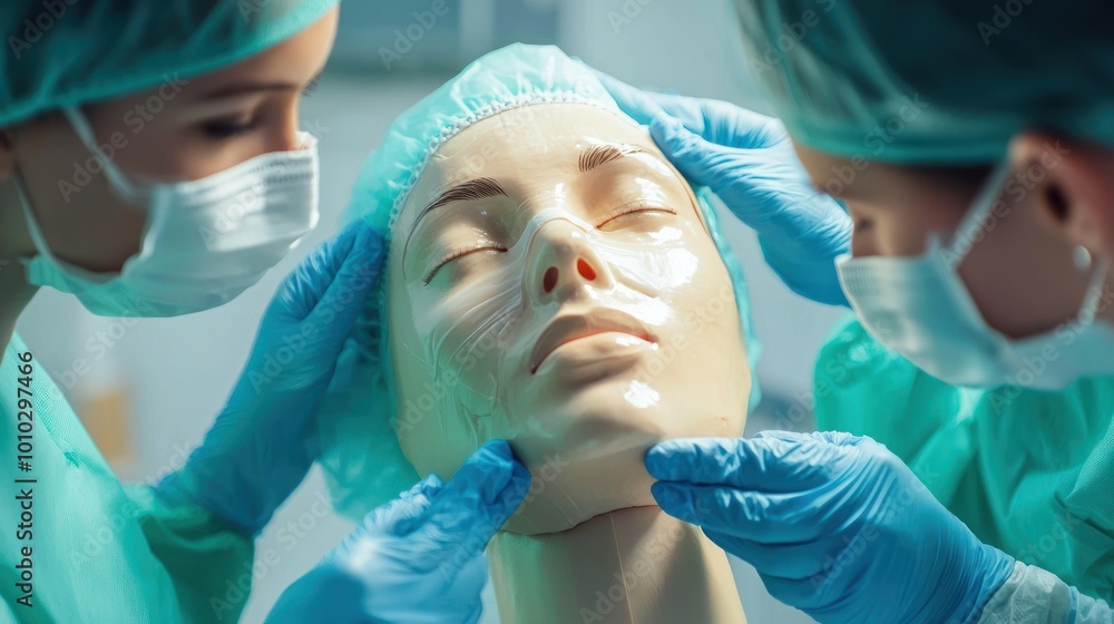 Detailed discussion of plastic surgery procedures with a patient, including visual aids and surgical models. Detailed discussion of plastic surgery procedures with a patient, including visual aids and surgical models.