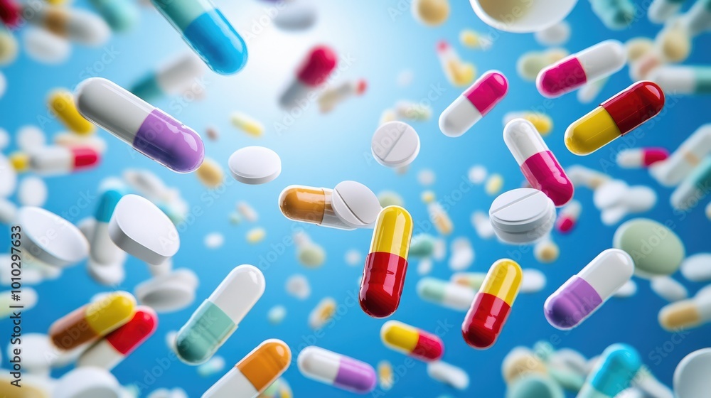 Multi-colored pills and capsules of drugs flying in all directions Multi-colored pills and capsules of drugs flying in all directions