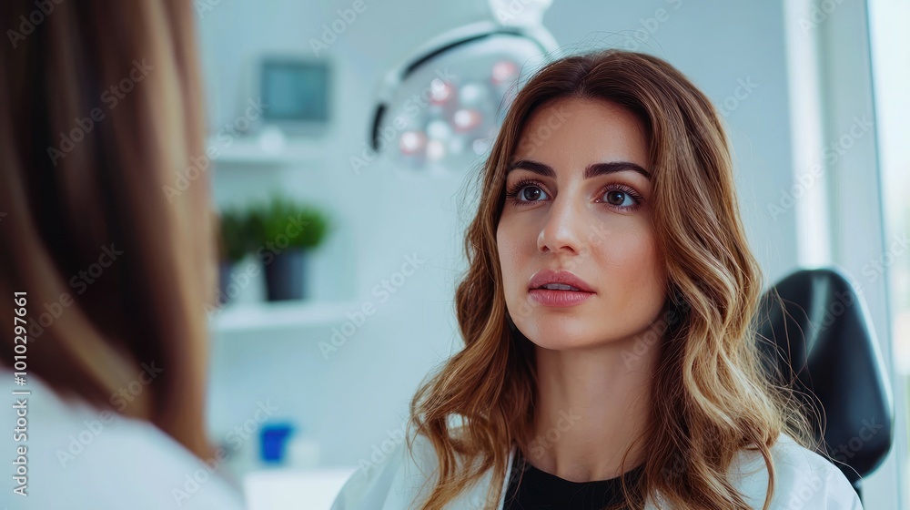 Female patient in a consultation with a plastic surgeon, discussing cosmetic surgery options and procedures. Female patient in a consultation with a plastic surgeon, discussing cosmetic surgery options and procedures.