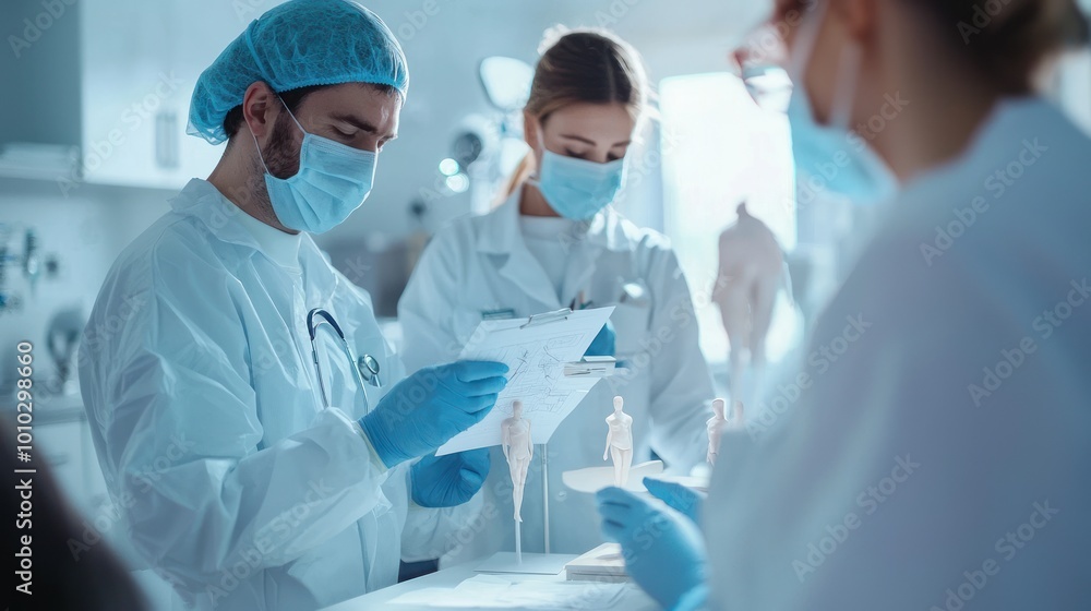 Plastic surgeon discussing rhinoplasty options with a patient, using diagrams and models to explain the procedure. Plastic surgeon discussing rhinoplasty options with a patient, using diagrams and models to explain the procedure.