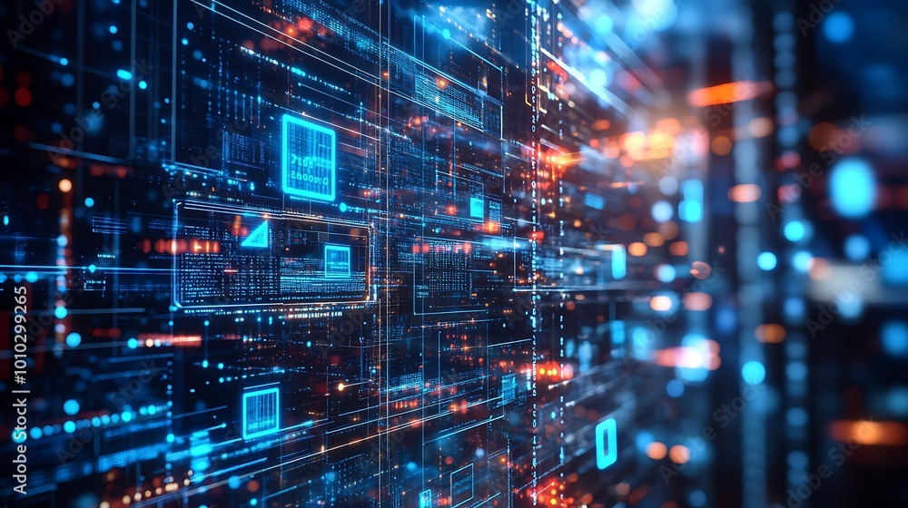 Abstract digital background with glowing lines and shapes, depicting data flow and processing in a futuristic server room. Abstract digital background with glowing lines and shapes, depicting data flow and processing in a futuristic server room.