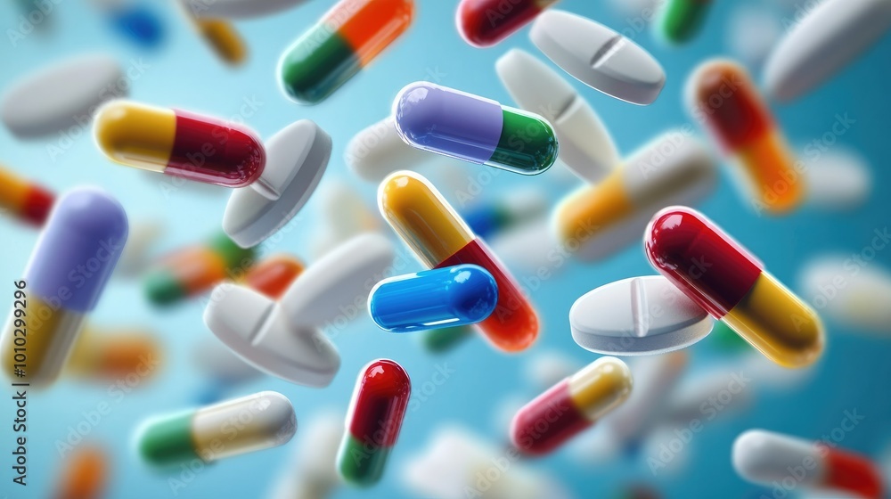 Multi-colored pills and capsules of drugs flying in all directions Multi-colored pills and capsules of drugs flying in all directions