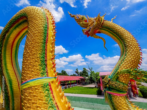 Decorative of Thai style Naga statue for worship in Thai temple photo