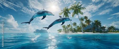 Two dolphins leaping out of the water near a tropical island. photo